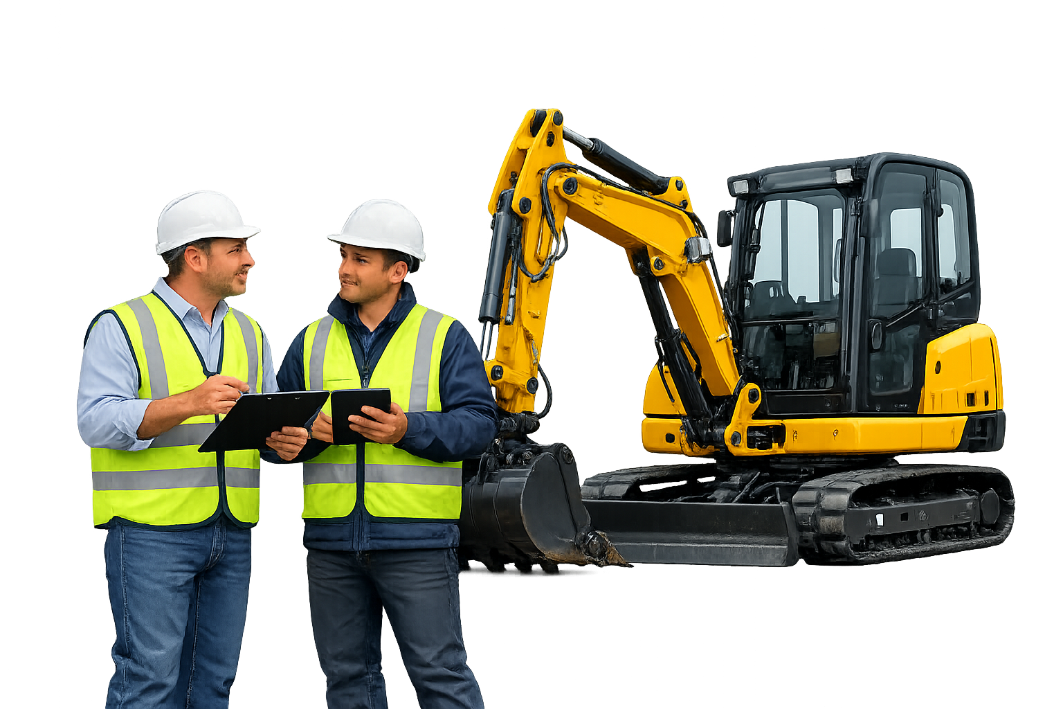 Equipo técnico revisando maquinaria de construcción